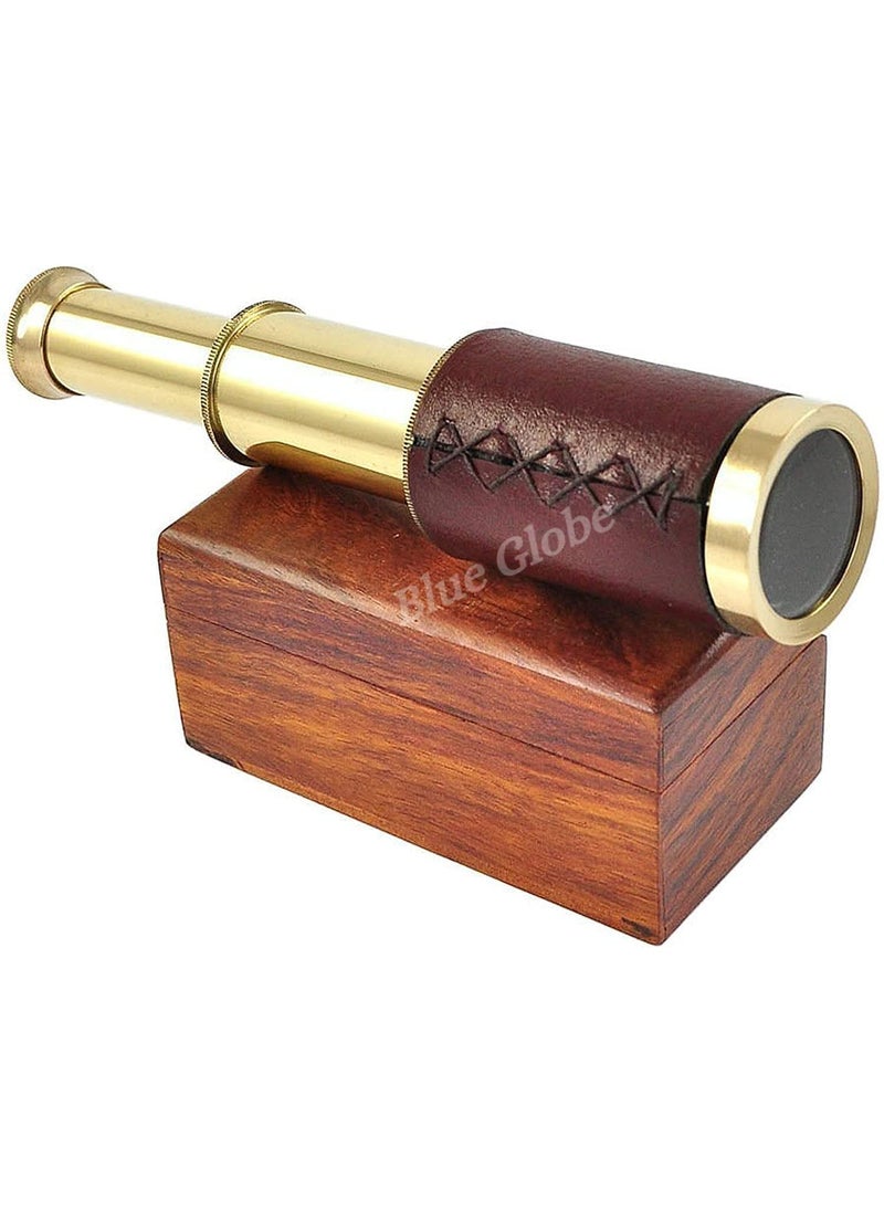 Blue Globe 6 Brass Spyglass Telescope with Wooden Box Brass Monocular Decorative Telescope with Glass Optics for Kids Polish Finish Brown Leather Grip by Blue Globe Export  - Image 2