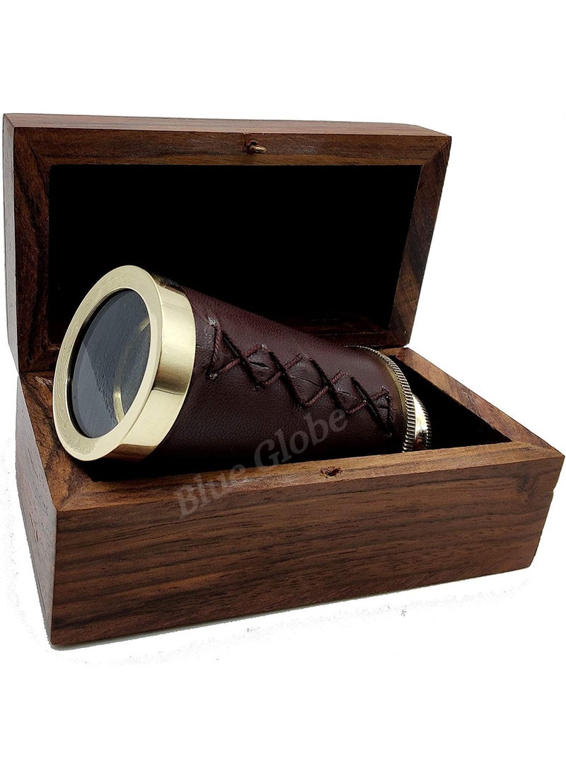 Blue Globe 6 Brass Spyglass Telescope with Wooden Box Brass Monocular Decorative Telescope with Glass Optics for Kids Polish Finish Brown Leather Grip by Blue Globe Export  - Image 5