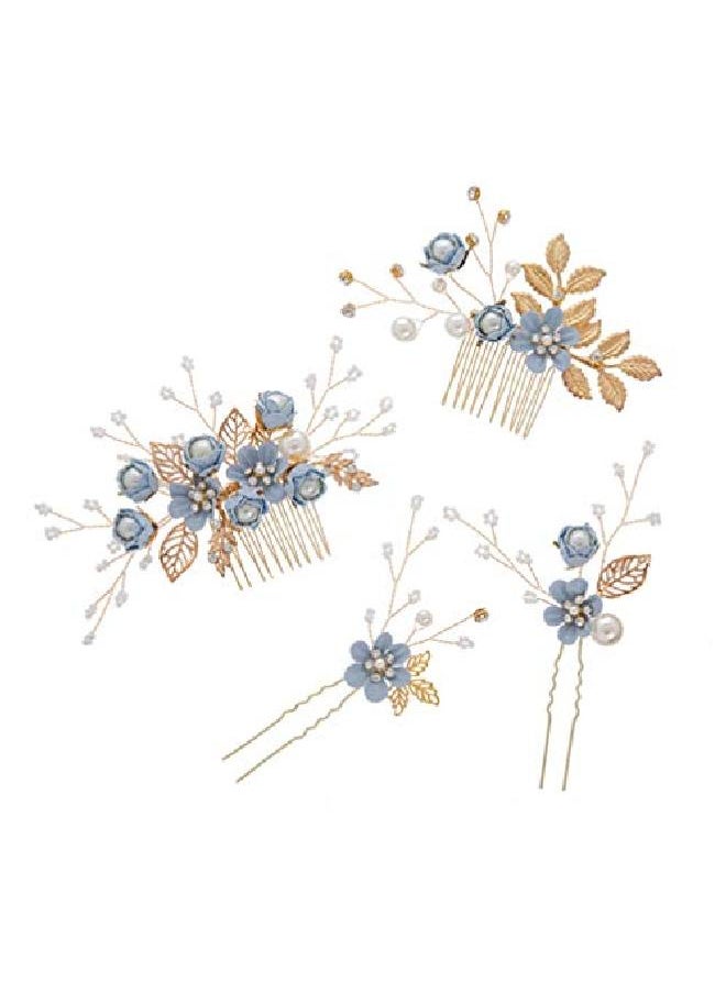 NUOBESTY 4 Pcs Wedding Hair Comb Rhinestones Crystal Floral Bridal Hair Clips Hair Pin Hair Jewelry For Wedding Dress Accessories (Blue)  - Image 1