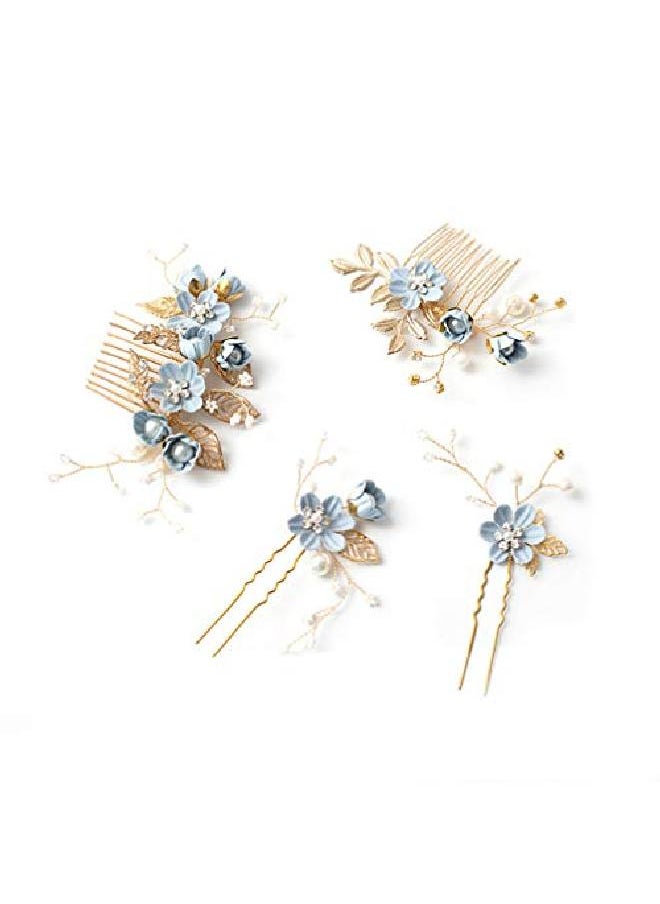 NUOBESTY 4 Pcs Wedding Hair Comb Rhinestones Crystal Floral Bridal Hair Clips Hair Pin Hair Jewelry For Wedding Dress Accessories (Blue)  - Image 3