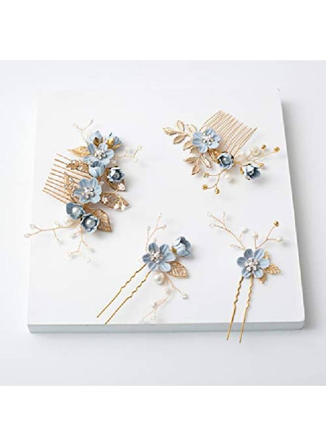 NUOBESTY 4 Pcs Wedding Hair Comb Rhinestones Crystal Floral Bridal Hair Clips Hair Pin Hair Jewelry For Wedding Dress Accessories (Blue)  - Image 4