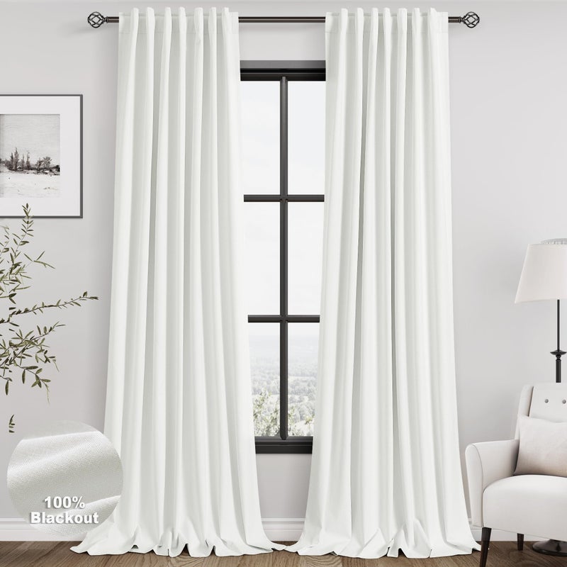 Nanspring Ivory Linen 100% Black Out Curtains 108 Inches Long 2 Panels Set for Bedroom Boho Farmhouse Back Tab Thermal Insulated Energy Efficient Room Darkening Curtains Living Room High Ceiling Length 9 FT - Image 1
