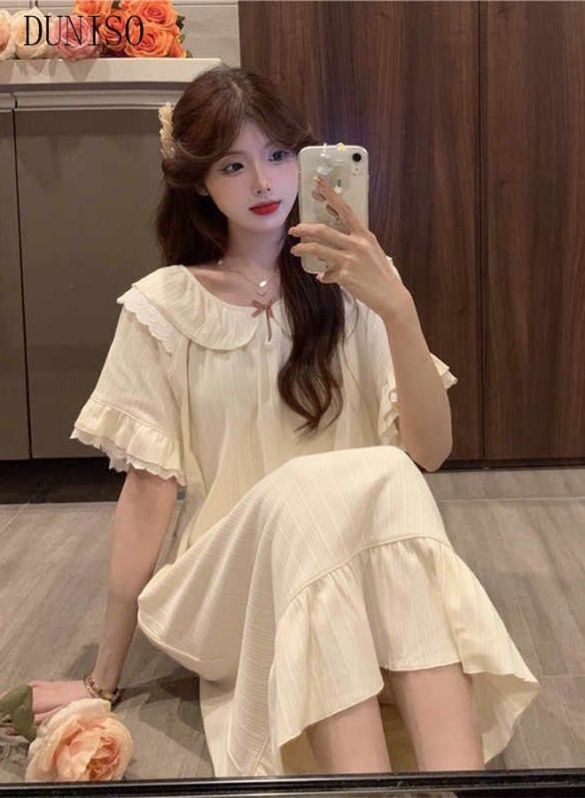 DUNISO Women's Short Sleeve Nightgown Sweet Pajama Dress Sleepwear Girls Comfortable V Neck Nightwear Summer Home Wear Lounge Dress - Image 4