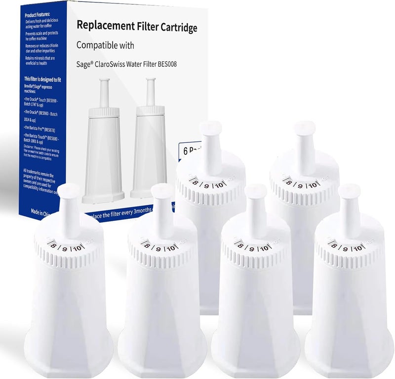 Bewafia 6 Pack Bes880 Water Filter Replacement Compatible with Brevile Sage Oracle Touch,Barista,Claro Swiss,BES878,Bes920,Bes008 Espresso Coffee Machine,Replaces Part #BES008WHT0NUC1 - Image 1