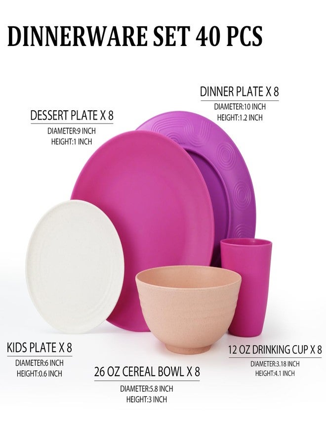 Perlapoc Wheat Straw Bowl and Plate Sets of 40 With Cup, Dishes Set for 8, Lightweight and Unbreakable Dinnerware Sets, Microwave Safe Plates, Dinner Bowls, Drinking Cups With 4 Color - Flower Color - Image 2