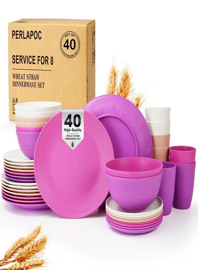 Perlapoc Wheat Straw Bowl and Plate Sets of 40 With Cup, Dishes Set for 8, Lightweight and Unbreakable Dinnerware Sets, Microwave Safe Plates, Dinner Bowls, Drinking Cups With 4 Color - Flower Color - Image 1