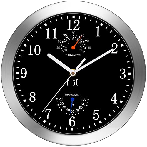 HITO 10 Inch Silent Wall Clock Battery Operated Non Ticking Glass Cover Silver Aluminum Frame, for Kitchen, Bedroom, Home Office, Living Room Decor (Black) - Image 1