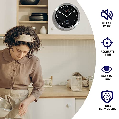 HITO 10 Inch Silent Wall Clock Battery Operated Non Ticking Glass Cover Silver Aluminum Frame, for Kitchen, Bedroom, Home Office, Living Room Decor (Black) - Image 3