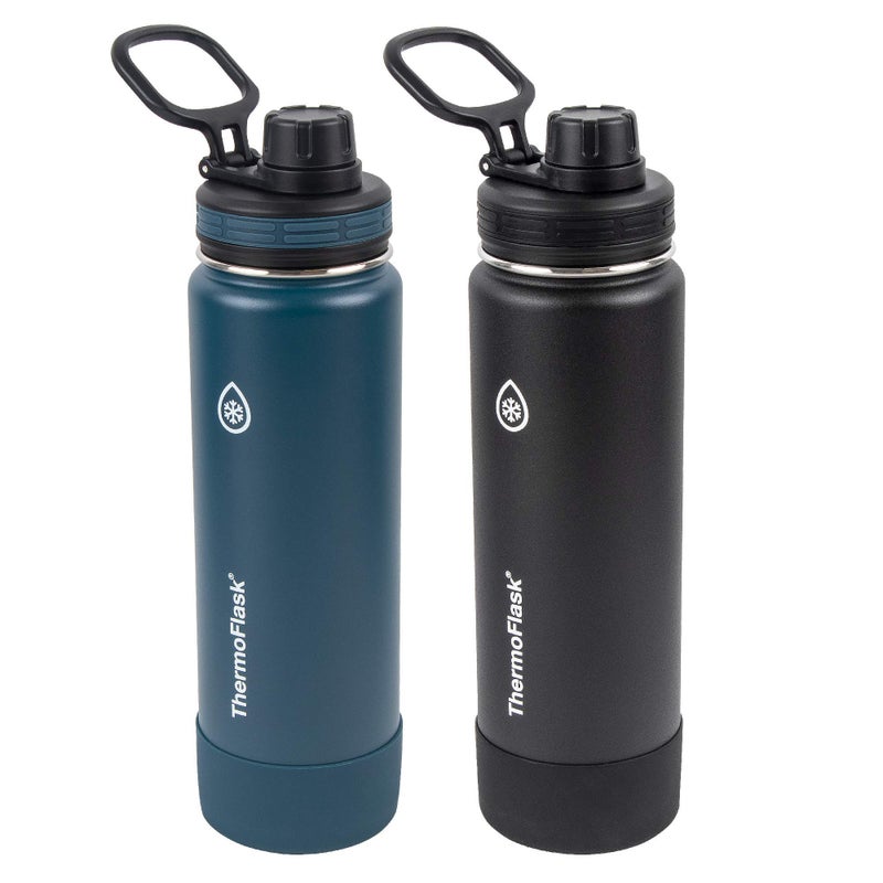 ThermoFlask Bottle with Spout Lid - Stainless Steel Water Bottles with Double-Wall Insulation & BPA-Free Spout Lids - Leak-Proof Reusable Bottles & Lids - 24 oz, Mayan Blue/Black (2 Pack) - Image 1