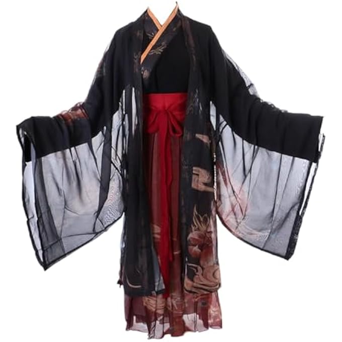 HAN-019 KUNGFU HANFU DRESS BLACK RED TRADITIONAL 3-PIECE CHINA CLOTHING COSPLAY ROBE COSTUME EMBROIDERED - Image 1