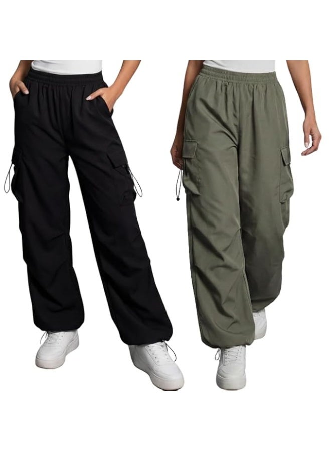 GRECIILOOKS Women's Cargo Pants|Trousers |High Waist Poly-Cotton Trouser |Flared Pants with Side Pockets | Cargo Pant|Elegant for College & Events (pack of 2) - Image 1