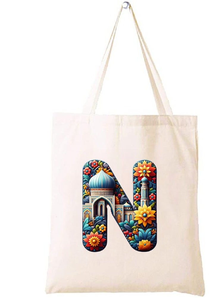 PRINTSHOP4ME Initial Monogram Tote Bag - Cotton Tote with Initial Design Printed - Perfect for School, Travel and Birthday Gift - Eco-Friendly Canvas Cotton Tote Bag for Women - Gift for Ramadan  - Image 1