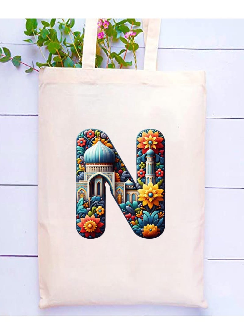 PRINTSHOP4ME Initial Monogram Tote Bag - Cotton Tote with Initial Design Printed - Perfect for School, Travel and Birthday Gift - Eco-Friendly Canvas Cotton Tote Bag for Women - Gift for Ramadan  - Image 2