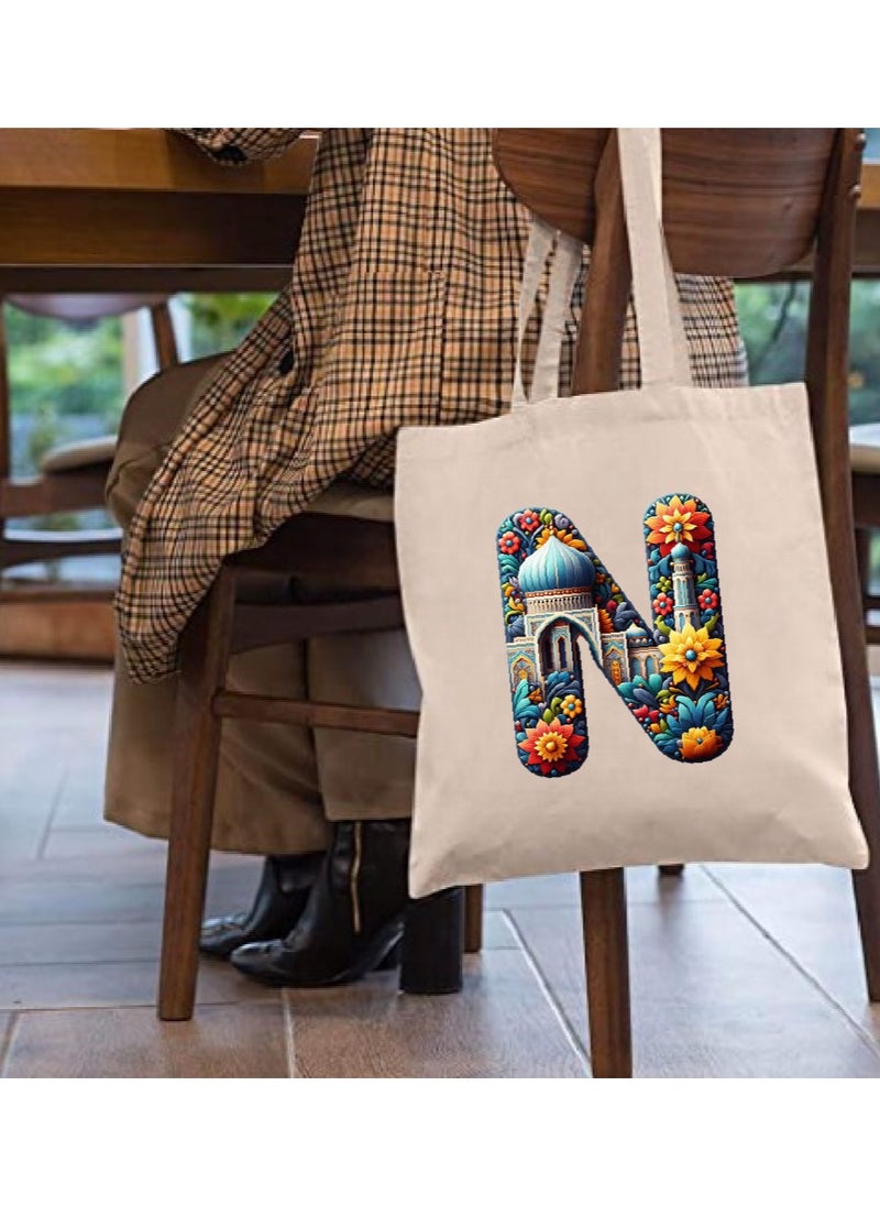 PRINTSHOP4ME Initial Monogram Tote Bag - Cotton Tote with Initial Design Printed - Perfect for School, Travel and Birthday Gift - Eco-Friendly Canvas Cotton Tote Bag for Women - Gift for Ramadan  - Image 3