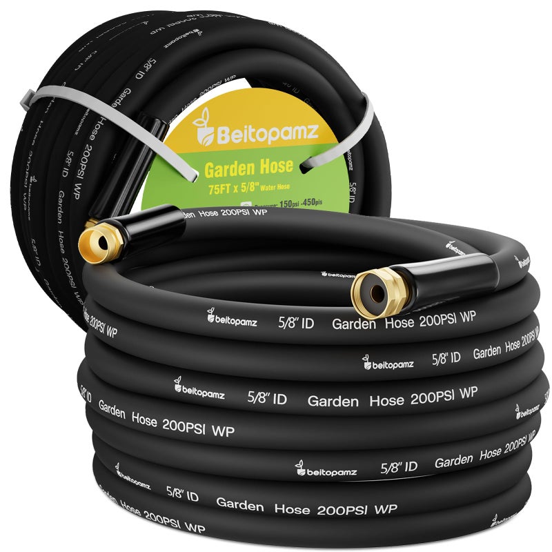 Beitopamz Garden Hose 75 ft x 5/8 in Heavy Duty Water Hose, Flexible and Durable, Lightweight Rubber Hybrid Hose, Leak-Free Connections, Male to Female 3/4'' Brass Fittings for Patio, Lawn, Black - Image 1