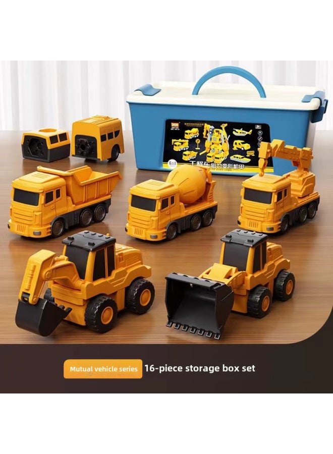 Magnetic Deformation Engineering Vehicle Children's Toy Car Building Blocks Assembled Magnetic Puzzle Robot King Kong Armor Boy-Color:Engineering Series -16-piece Set-storage Box - Image 1