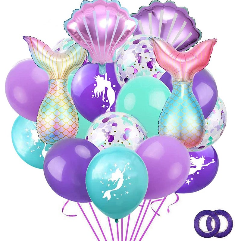 Morofme 22pcs Mermaid Theme Balloons Mermaid Tail Balloon Sea Shells Confetti Latex Balloons Purple Teal Balloon Helium Foil Ocean Decorations for Girls Ocean Under The Sea Theme Party - Image 3