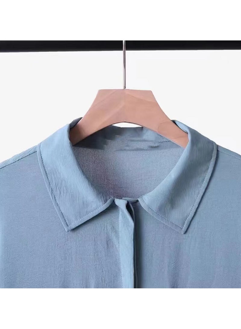 YICHENG Cotton and linen women's two-piece shirt patch bag and pants blue - Image 2