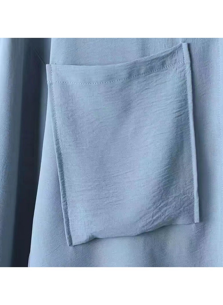 YICHENG Cotton and linen women's two-piece shirt patch bag and pants blue - Image 4