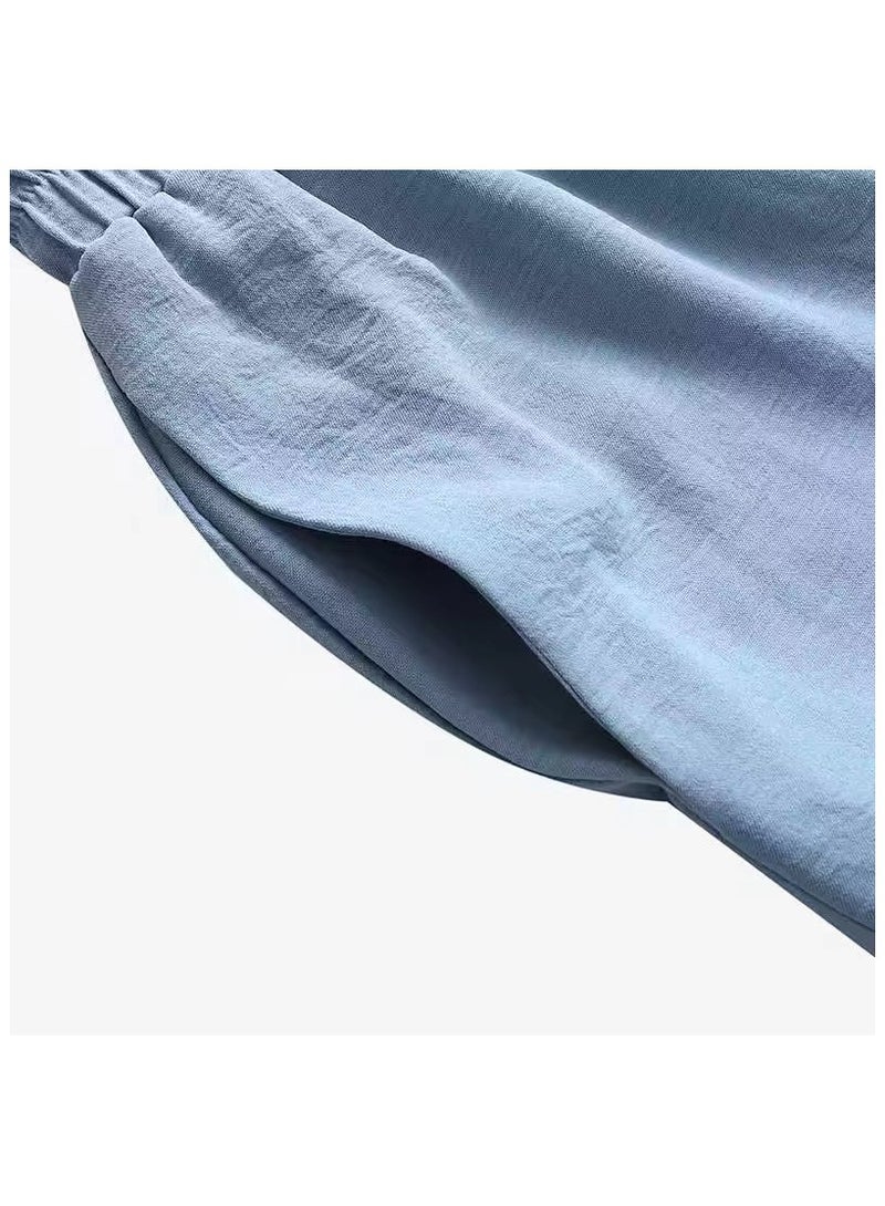 YICHENG Cotton and linen women's two-piece shirt patch bag and pants blue - Image 5