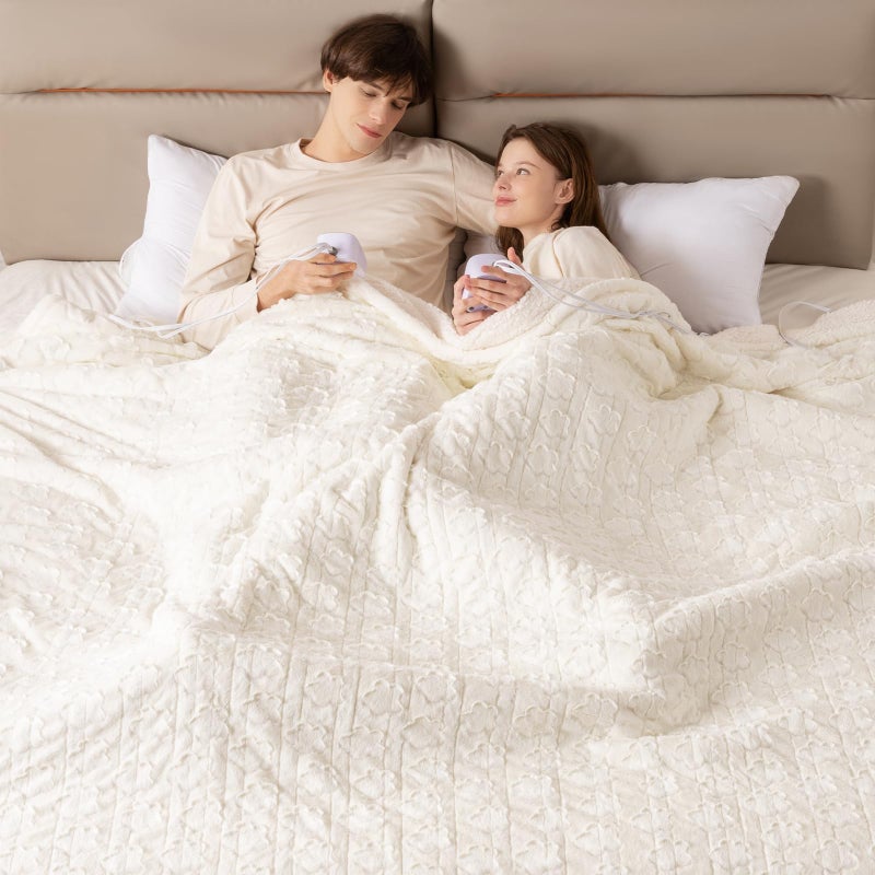 Bearhug Electric Blanket King Size 100" x 90", Dual Controller Heated Blanket, White Flower Patterns Faux Fur & Warm Sherpa, 10-Heat Levels & 1-12H Auto Off,ETL, Machine Washable - Image 1