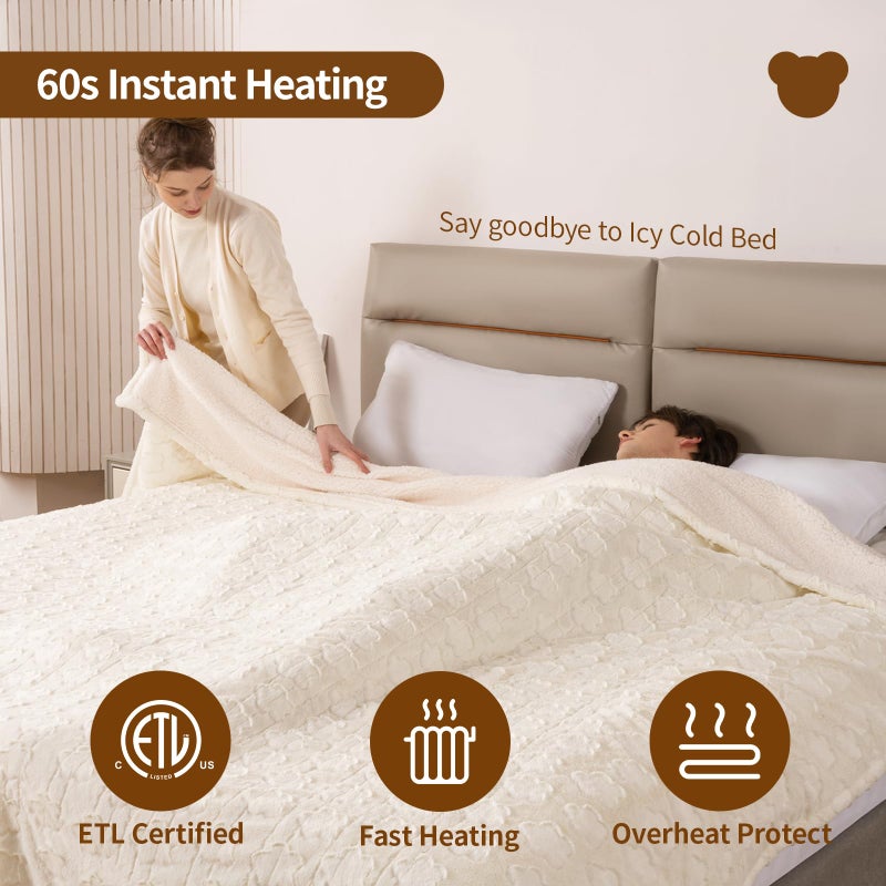 Bearhug Electric Blanket King Size 100" x 90", Dual Controller Heated Blanket, White Flower Patterns Faux Fur & Warm Sherpa, 10-Heat Levels & 1-12H Auto Off,ETL, Machine Washable - Image 4