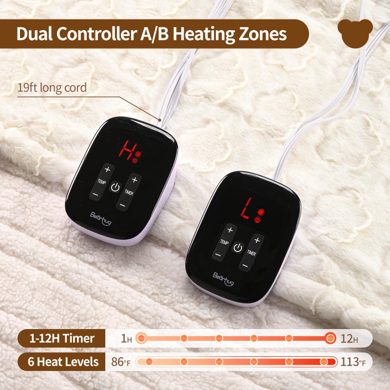 Bearhug Electric Blanket King Size 100" x 90", Dual Controller Heated Blanket, White Flower Patterns Faux Fur & Warm Sherpa, 10-Heat Levels & 1-12H Auto Off,ETL, Machine Washable - Image 3
