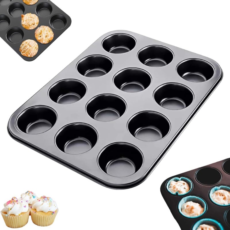 MARKQ صينية مافن 12 كوب - مصنوعة من الفولاذ الكربوني غير اللاصق لصنع الكعك والمافن | صينية خبز مستطيلة للمافن، الكعك، قطع البيض والحلويات الصغيرة - أدوات خبز متينة وآمنة للاستخدام في الفرن، قابلة للغسل في غسالة الصحون - سوداء - Image 1