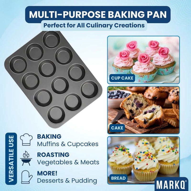 MARKQ صينية مافن 12 كوب - مصنوعة من الفولاذ الكربوني غير اللاصق لصنع الكعك والمافن | صينية خبز مستطيلة للمافن، الكعك، قطع البيض والحلويات الصغيرة - أدوات خبز متينة وآمنة للاستخدام في الفرن، قابلة للغسل في غسالة الصحون - سوداء - Image 4