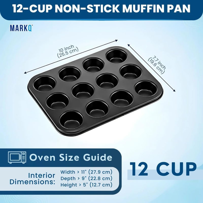 MARKQ صينية مافن 12 كوب - مصنوعة من الفولاذ الكربوني غير اللاصق لصنع الكعك والمافن | صينية خبز مستطيلة للمافن، الكعك، قطع البيض والحلويات الصغيرة - أدوات خبز متينة وآمنة للاستخدام في الفرن، قابلة للغسل في غسالة الصحون - سوداء - Image 2
