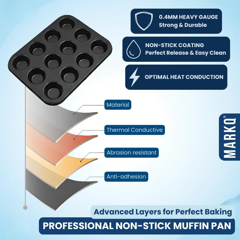 MARKQ صينية مافن 12 كوب - مصنوعة من الفولاذ الكربوني غير اللاصق لصنع الكعك والمافن | صينية خبز مستطيلة للمافن، الكعك، قطع البيض والحلويات الصغيرة - أدوات خبز متينة وآمنة للاستخدام في الفرن، قابلة للغسل في غسالة الصحون - سوداء - Image 3