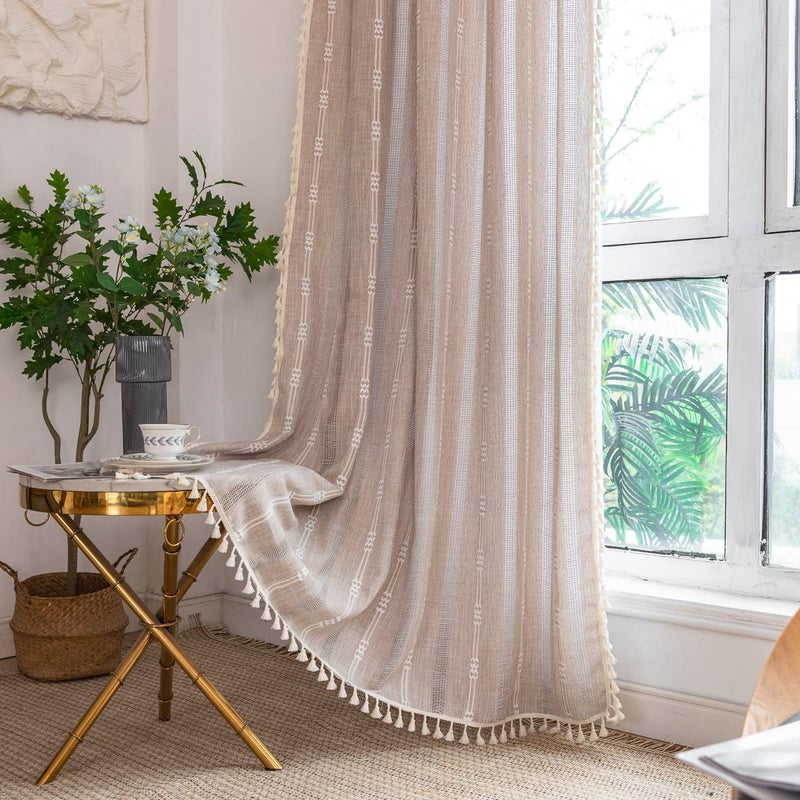 Deeprove Boho Curtains 84 Inches Long for Bedroom, Taupe Cotton Linen White Stripes Embroidery Chic Hollow Geometric, Semi Blackout Window Vintage Drape Tassels, 1 Panel W52 x L84 - Image 2