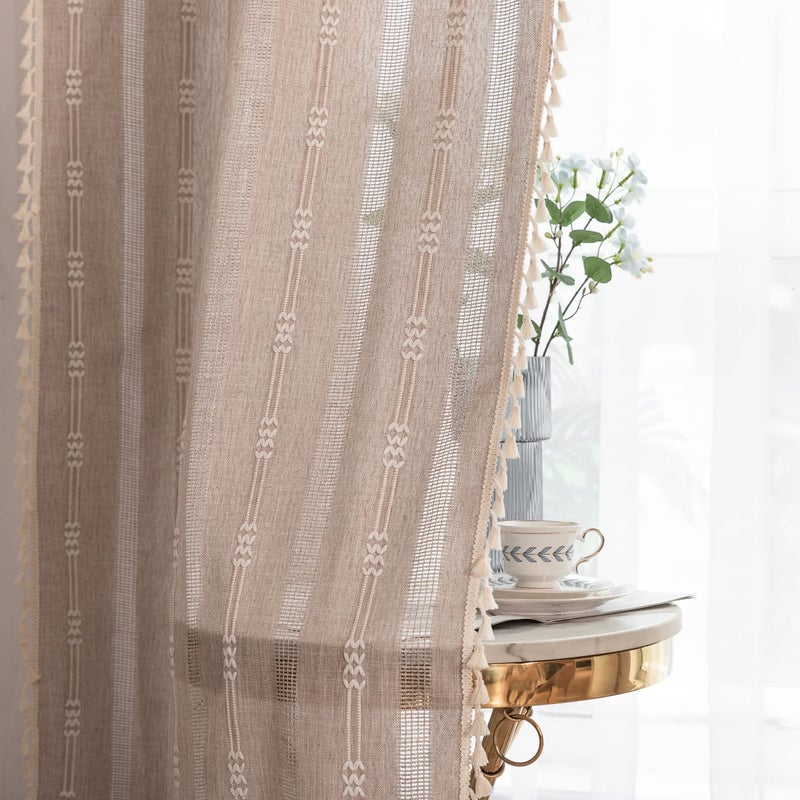 Deeprove Boho Curtains 84 Inches Long for Bedroom, Taupe Cotton Linen White Stripes Embroidery Chic Hollow Geometric, Semi Blackout Window Vintage Drape Tassels, 1 Panel W52 x L84 - Image 3