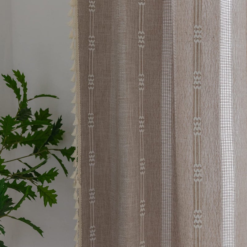 Deeprove Boho Curtains 84 Inches Long for Bedroom, Taupe Cotton Linen White Stripes Embroidery Chic Hollow Geometric, Semi Blackout Window Vintage Drape Tassels, 1 Panel W52 x L84 - Image 5