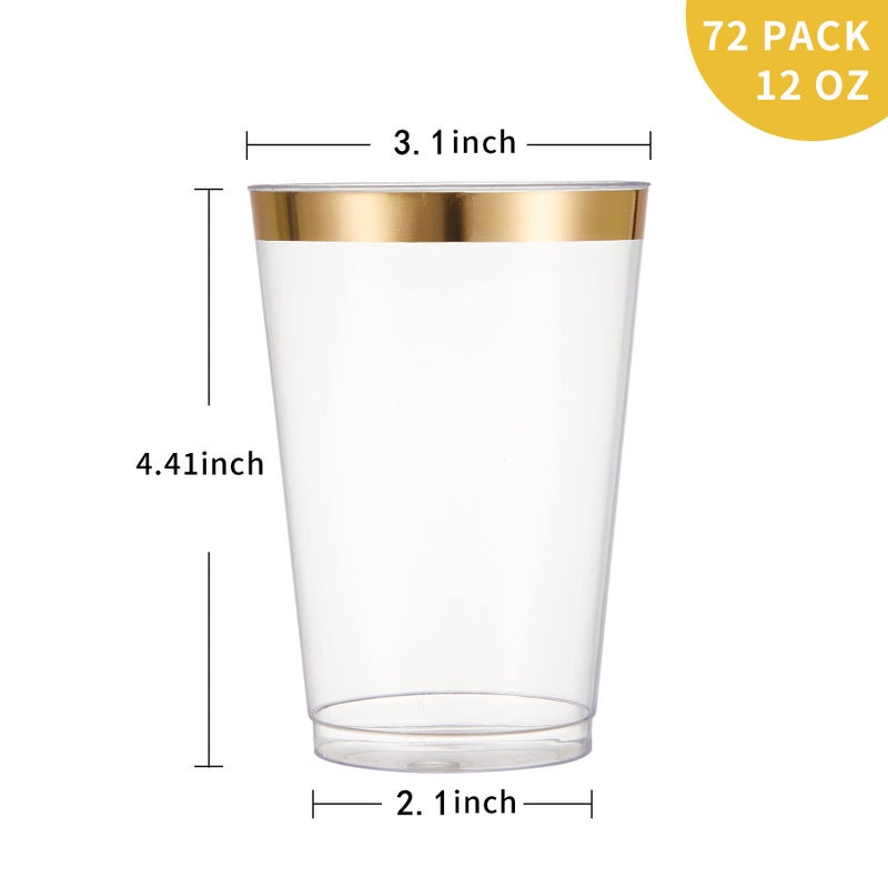 N9R 72 Pack Gold Plastic Cups  12OZ Clear Plastic Cups with Gold Rim  Disposable Cups Perfect for Parties  Wedding and Birthday - Image 2