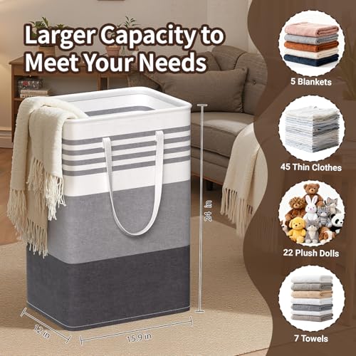 WOWBOX 2 Pack Laundry Baskets Laundry Hampers Freestanding Dirty Clothes Hampers with Reinforced Handles Cross Stitch Waterproof Coating for Laundry Bedroom Bathroom Dorm75L Grey - Image 3