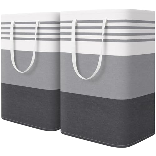 WOWBOX 2 Pack Laundry Baskets Laundry Hampers Freestanding Dirty Clothes Hampers with Reinforced Handles Cross Stitch Waterproof Coating for Laundry Bedroom Bathroom Dorm75L Grey - Image 1