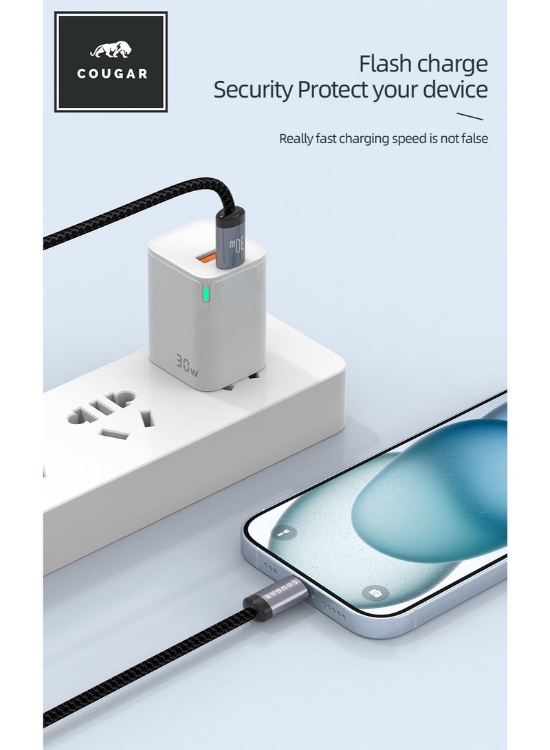 Cougar 30W USB-C to Lightning Cable, Type-C Fast Charging and 450Mbps Data Transfer Cable, Nylon Braided Cord with Aluminium Alloy Connectors for Compatible iPhones and iPads, 1m, Black - Image 3