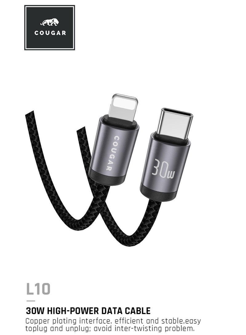 Cougar 30W USB-C to Lightning Cable, Type-C Fast Charging and 450Mbps Data Transfer Cable, Nylon Braided Cord with Aluminium Alloy Connectors for Compatible iPhones and iPads, 1m, Black - Image 1
