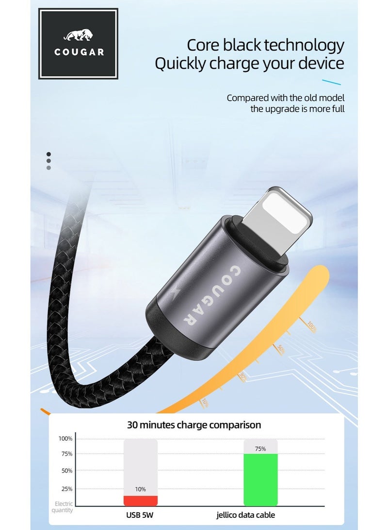 Cougar 30W USB-C to Lightning Cable, Type-C Fast Charging and 450Mbps Data Transfer Cable, Nylon Braided Cord with Aluminium Alloy Connectors for Compatible iPhones and iPads, 1m, Black - Image 4
