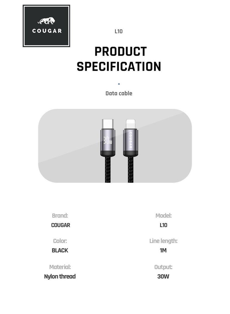 Cougar 30W USB-C to Lightning Cable, Type-C Fast Charging and 450Mbps Data Transfer Cable, Nylon Braided Cord with Aluminium Alloy Connectors for Compatible iPhones and iPads, 1m, Black - Image 5
