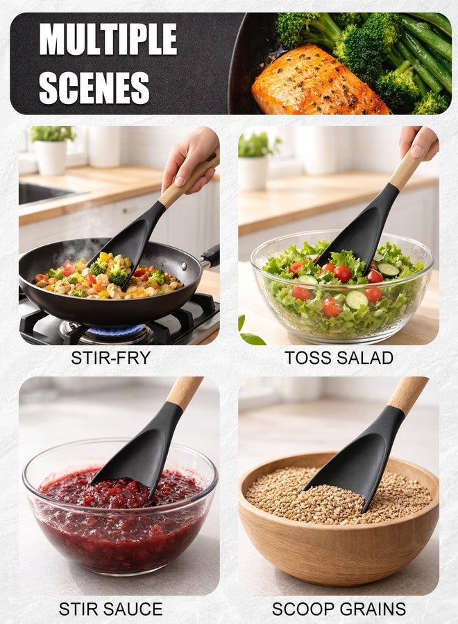 Tendiren 2PCS Cedar and Ash Spoon, Multifunction Spatula Cooking Spoonula, 3 in 1 Silicone Spoon for Stirring, Scooping and Serving, Wooden Handle Design (2 Black) - Image 4
