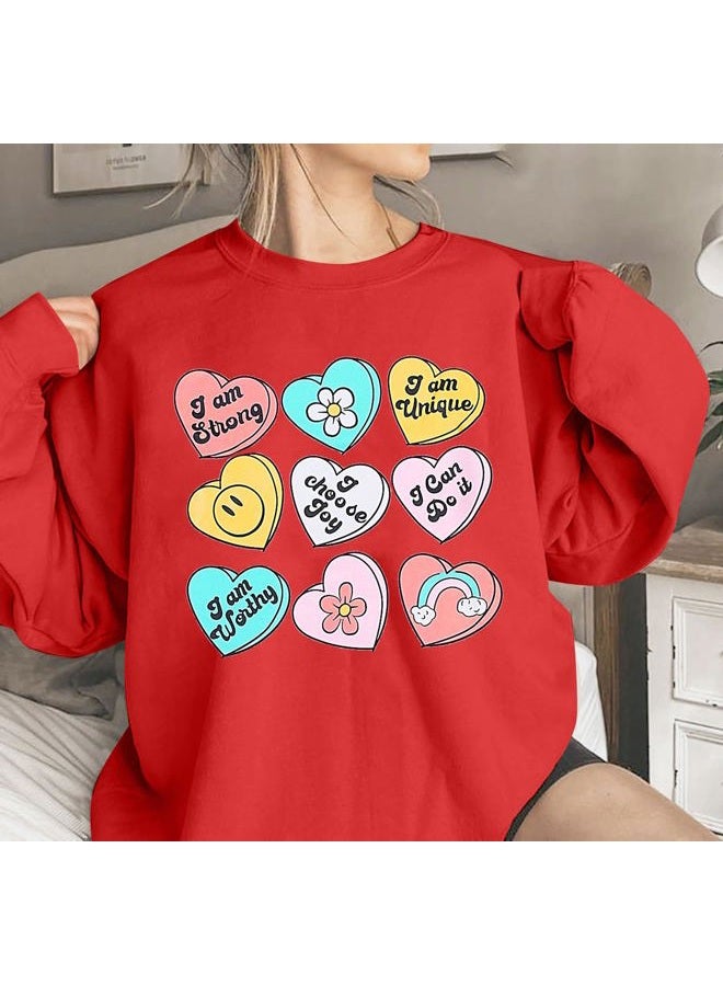 MAXIMGR Teacher Valentine Sweatshirt Women Valentines Day Sweatshirts Teacher Shirt Funny Positive Heart Candy Pullover Top Red - Image 2
