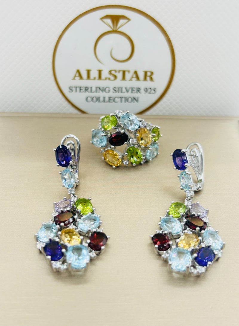 Allstar Splender of Real Gemstones and Sterling silver, Earrings, Ring with Amythest, Granat,  Topaz, Citrin and zircon stones. - Image 1