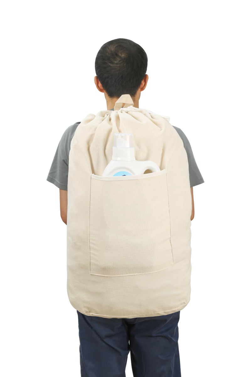GORISEN Canvas Laundry bag, Washable Laundry backpack, Adjustable Straps, Large Front Pocket, Drawstring Closure (BEIGE, X-Large) - Image 3