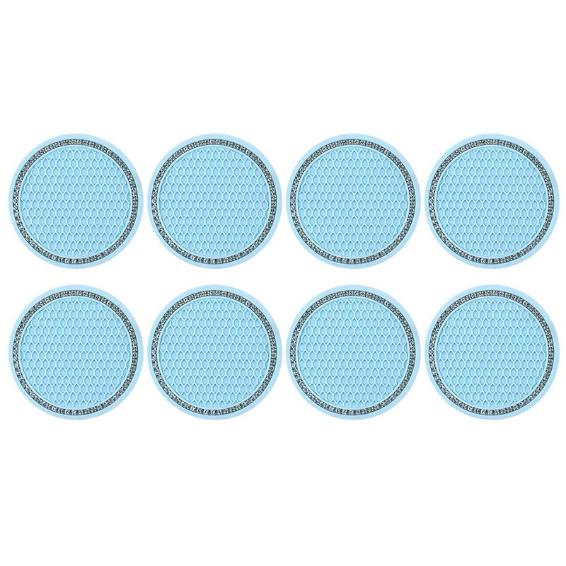 Silicone Anti-Slip Mats for Water Cups – Blue with Rhinestones, 8 Pieces, Coaster for Car, Desk
