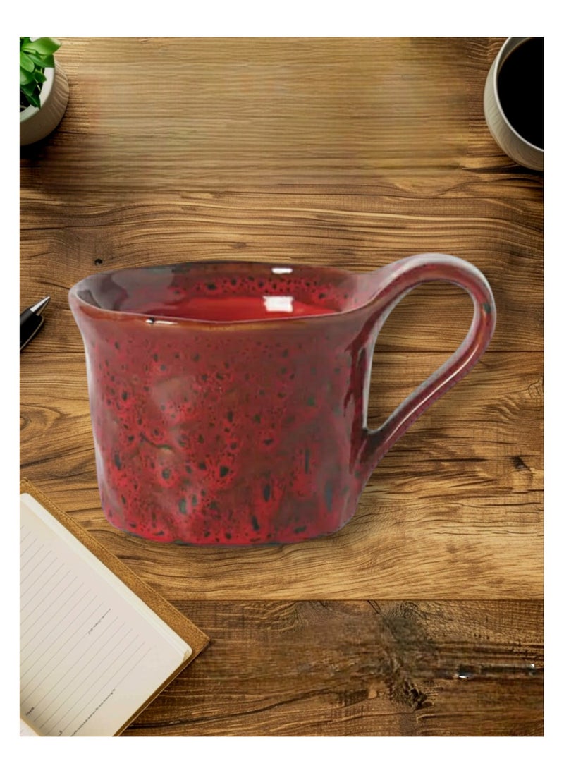 Qahwa Dark red ceramic mug with black dots, streamlined handle, dark edges and elegant design  - Image 3