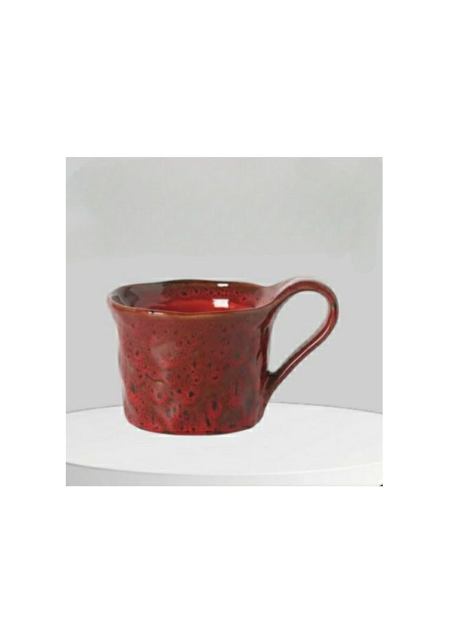 Qahwa Dark red ceramic mug with black dots, streamlined handle, dark edges and elegant design  - Image 4