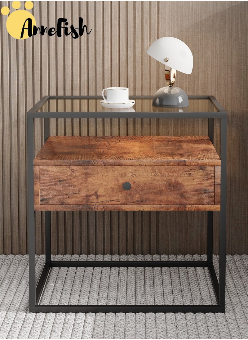 AnneFish 50*40*50cm Nightstand Side Table Tempered Glass Top Sofa Coffee End Storage Cabinet with Metal Frame Storage Shelf and 1 Drawer for Living Room and Bedroom  - Image 4