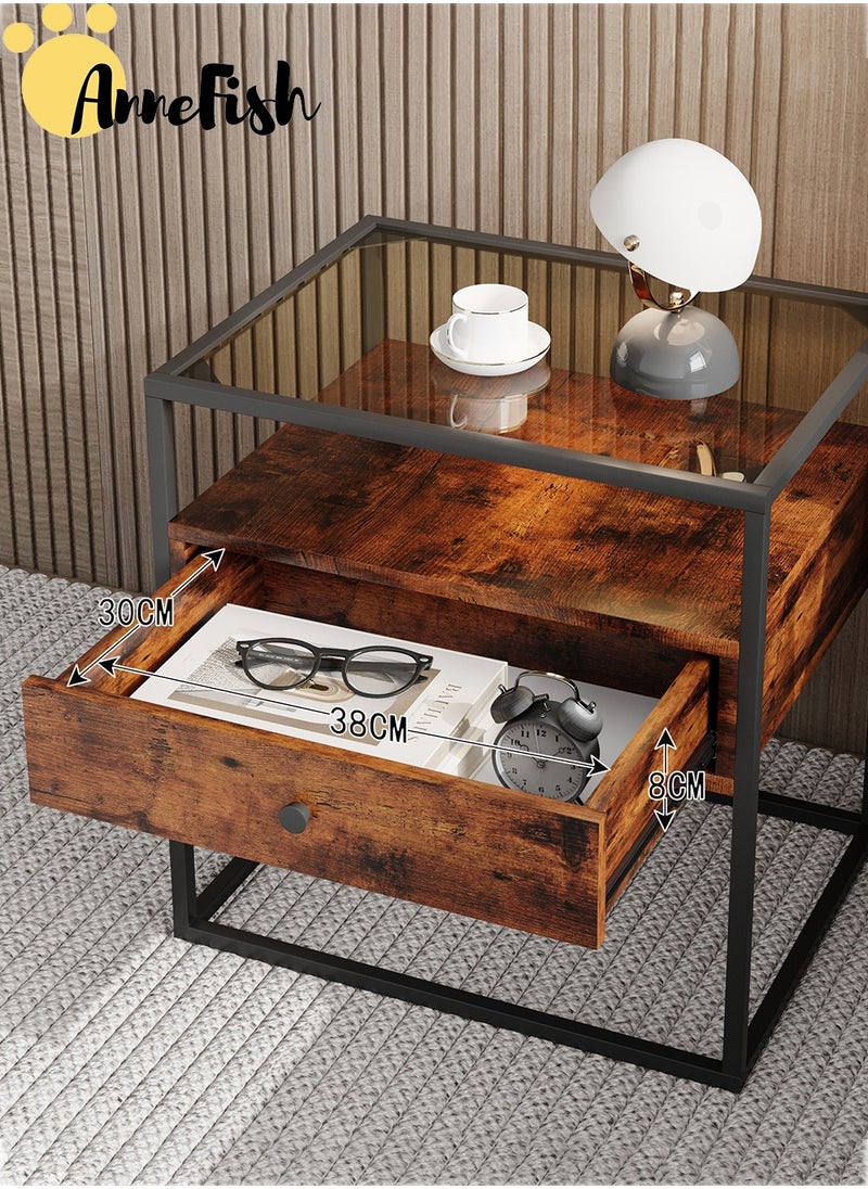 AnneFish 50*40*50cm Nightstand Side Table Tempered Glass Top Sofa Coffee End Storage Cabinet with Metal Frame Storage Shelf and 1 Drawer for Living Room and Bedroom  - Image 5